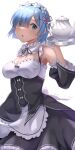  1girl apron artist_name birthday blue_eyes blue_hair breasts cleavage commentary cowboy_shot detached_sleeves hair_over_one_eye hair_ribbon highres holding holding_plate long_sleeves looking_at_viewer maid maid_apron maid_headdress medium_breasts open_mouth plate re:zero_kara_hajimeru_isekai_seikatsu rem_(re:zero) ribbon short_hair simple_background solo teapot tenpa_(tenpa2190) translated white_background wide_sleeves 