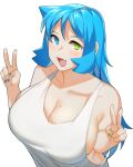  1girl blue_eyes blue_hair blue_nails blush breasts cleavage collarbone double_v eyebrows fang green_eyes green_nails heterochromia highres large_breasts long_hair looking_at_viewer mole mole_on_breast open_mouth original raban2950 skin_fang smile solo tank_top upper_body v 