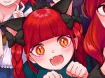  4girls :3 :d animal_ears bangs blunt_bangs blush braid breasts cat_ears cleavage close-up color_connection cropped extra_ears eyebrows_visible_through_hair eyelashes face fang grin hair_color_connection hand_up hecatia_lapislazuli highres kaenbyou_rin koakuma leaning_forward long_hair multiple_girls onozuka_komachi paw_pose pointy_ears red_eyes red_hair satsuki_mei_(17maymay14) slit_pupils smile solo solo_focus touhou twin_braids twintails v 