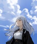  1girl bangs black_coat blue_sky character_request closed_eyes cloud cloudy_sky coat expressionless eyebrows_visible_through_hair gogalking highres long_hair original outdoors shirt sky solo upper_body white_hair white_shirt 