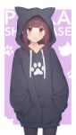  1girl absurdres animal_hood bangs black_hoodie black_legwear blunt_bangs blush border brown_hair cat_hood closed_mouth collarbone commentary cowboy_shot drawstring hands_in_pockets highres hood hoodie lipgloss long_hair long_sleeves looking_at_viewer mimori_(mimori_05) original pantyhose purple_background red_eyes sidelocks smile solo standing white_border 