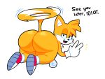  anthro big_butt butt canid canine clothing english_text flying footwear fox gesture gloves half-closed_eyes handwear huge_butt looking_at_viewer looking_back male mammal miles_prower narrowed_eyes nude open_mouth sega shoes simple_background socks solo somescrub sonic_the_hedgehog_(series) text thick_thighs v_sign 