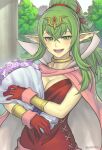  1girl blush bracelet breasts cape cleavage dress fire_emblem fire_emblem_awakening fire_emblem_heroes gloves gofelem green_eyes green_hair hair_ornament highres jewelry large_breasts long_hair looking_at_viewer older open_mouth pointy_ears ponytail red_dress short_dress smile solo strapless strapless_dress tiara tiki_(fire_emblem) 