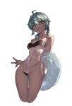  1girl ahoge aqua_eyes aqua_hair arm_behind_back ass_visible_through_thighs bangs bare_arms bare_shoulders boridongja breasts casual_one-piece_swimsuit closed_mouth covered_navel dark-skinned_female dark_skin eyebrows_behind_hair from_below gris_swimsuit highres innertube long_hair looking_at_viewer looking_down low_ponytail medium_breasts meme_attire navel one-piece_swimsuit original see-through solo strapless strapless_swimsuit sweatdrop swimsuit thigh_gap thighs underboob v 