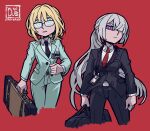  2girls ak-15_(girls&#039;_frontline) an-94_(girls&#039;_frontline) blonde_hair blue_eyes blue_suit breasts collared_shirt crossover formal girls&#039;_frontline glasses hair_over_one_eye helltaker highres holding holding_suitcase id_card long_hair looking_at_viewer multiple_girls necktie parody ponytail purple_eyes red_background shirt signature silver_hair simple_background sindraws style_parody suit suit_jacket suitcase 