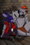  4322chan anthro armor cosplay duo eyes_closed female fullbody_suit fullmetal_alchemist hi_res hybrid lagomorph leporid mammal purple_body rabbit sitting_on_floor smiling_at_each_other wall_(structure) 