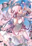  1girl absurdres alternate_hair_color bangs bare_shoulders commentary detached_sleeves hair_between_eyes hatsune_miku highres long_hair long_sleeves pink_eyes pink_hair pink_legwear pink_skirt rumoon sakura_miku shirt skirt solo thighhighs twintails very_long_hair vocaloid white_shirt wide_sleeves 