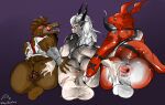 animal_humanoid anthro balls bandai_namco bodily_fluids butt canid canine digimon digimon_(species) dire_(fortnite) dragon dragon_humanoid epic_games epicbassface fortnite genitals group guilmon horn humanoid lizard looking_at_viewer male male/male mammal reptile scalie scar simple_background spread_butt spreading sweat tagme video_games were werecanid werecanine werewolf 