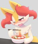  anthro blush bodily_fluids braixen canid canine chopsticks facial_tuft female fluffy fluffy_tail food fur hi_res holding_chopsticks holding_object inner_ear_fluff mammal moduckten nintendo noodles one_eye_closed open_mouth orange_body orange_fur paws pok&eacute;mon pok&eacute;mon_(species) ramen red_eyes simple_background solo sweat tears tuft video_games white_body white_fur 