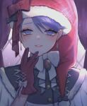  1girl bangs black_bow black_capelet blue_eyes blue_hair blurry blurry_background bow bowtie brooch capelet depth_of_field doremy_sweet drop_earrings earrings eyebrows_behind_hair fur_trim glint gloves hand_on_own_cheek hand_on_own_face hand_up hat hat_bow jewelry light_smile looking_at_viewer nightcap parted_lips purple_curtains red_bow red_gloves red_headwear sakana_monyaka solo swept_bangs touhou upper_body white_bow white_bowtie window 