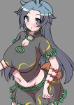  1girl :o arm_strap back_bow blue_eyes blue_hair blush bow breasts chain cleavage commentary_request cowboy_shot emina eyebrows_visible_through_hair green_shirt green_skirt grey_background highres himemushi_momoyo jewelry large_breasts midriff navel one-hour_drawing_challenge orange_bow orange_ribbon plump ribbon ring shirt short_sleeves simple_background skirt stomach touhou 