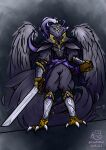  2022 absurd_res anthro armor avian beak bird claws colored digital_media_(artwork) digital_painting_(artwork) fantasy feathered_wings feathers full-length_portrait hi_res loafofbirb looking_at_viewer male melee_weapon owl portrait purple_body purple_eyes purple_feathers scabbard shaded simple_background solo sword tail_feathers talons watermark weapon wings 