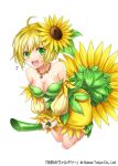  1girl :d ahoge bare_legs bare_shoulders blonde_hair breasts cleavage copyright_name eighth_note flower green_eyes green_footwear hair_flower hair_ornament musical_note neckwear_request official_art riding shinkai_no_valkyrie short_hair simple_background smile solo sunflower white_background yoshino35 