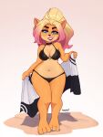  absurd_res activision anthro bandicoot bikini blonde_hair blue_eyes breasts cleavage clothed clothing collar crash_bandicoot_(series) curvy_figure eyebrows female gradient_hair hair hi_res holding_object lipstick magaska19 makeup mammal marsupial medium_breasts multicolored_hair navel orange_body paws pink_hair ponytail red_lipstick smile solo swimwear thick_eyebrows thick_thighs towel video_games voluptuous wet wide_hips 