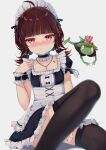  1girl absurdres apron blush brown_hair embarrassed frog highres ikazu401 jewelry keroro_suika looking_at_viewer maid maid_apron maid_headdress necklace pale_skin pink_eyes star_(symbol) tattoo thighhighs virtual_youtuber yume_reality 