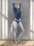  anthro bladder_bulge bottomwear canid canine canis clothed clothing difetra female fur hair hands_behind_head hi_res looking_at_viewer mammal omorashi shirt simple_background smile solo topwear underwear white_body white_fur wolf 