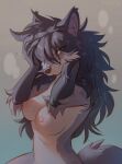  anthro areola breasts canid canine canis female fluffy fur grey_body grey_eyes grey_fur hand_on_head hi_res hioshiru looking_at_viewer mammal nipples pink_nipples shower solo solo_focus tuft water wolf 