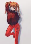  1girl black_eyepatch bodysuit closed_eyes closed_mouth commentary eyepatch grey_background hajikkoneko hand_in_pocket highres interface_headset jacket long_hair long_sleeves neon_genesis_evangelion orange_hair plugsuit rebuild_of_evangelion red_bodysuit red_jacket shadow simple_background solo souryuu_asuka_langley standing standing_on_one_leg 