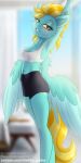  animal_humanoid anthro blue_body blue_feathers blush breasts clothed clothing digital_media_(artwork) equid equid_humanoid equine equine_humanoid feathered_wings feathers female friendship_is_magic fur hair hasbro horse humanoid lightning_dust_(mlp) looking_at_viewer mammal mammal_humanoid multicolored_hair my_little_pony navel patreon pegasus pony shad0w-galaxy solo stretching wings 