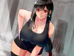  1girl bent_over bike_shorts black_hair black_legwear black_shorts black_sports_bra breasts cleavage earrings final_fantasy final_fantasy_vii final_fantasy_vii_remake hand_on_hip jewelry large_breasts leaning_forward long_hair looking_at_viewer low-tied_long_hair red_eyes shorts sleeveless smile solo sports_bra suuitchi tifa_lockhart underwear 