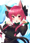  1girl :3 :d animal_ears bangs black_bow black_dress blue_fire blush bow braid breasts cat_ears cat_tail commentary dress eyebrows_visible_through_hair fang fire hair_bow hair_ribbon hitodama juliet_sleeves kaenbyou_rin kirisita long_hair long_sleeves looking_at_viewer multiple_tails neck_ribbon nekomata one-hour_drawing_challenge paw_pose puffy_sleeves red_eyes red_hair red_ribbon ribbon simple_background small_breasts smile solo tail touhou tress_ribbon twin_braids twintails two_tails upper_body white_background 