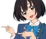  1girl :d bangs blazer blue_bow blue_bowtie blue_jacket blush bob_cut bow bowtie brown_eyes brown_hair close-up face hair_between_eyes hands_up head_tilt imigimuru jacket kono_bijutsubu_niwa_mondai_ga_aru! layered_sleeves long_sleeves looking_at_viewer official_art open_mouth pointing pointing_to_the_side round_teeth school_uniform shiny shiny_skin simple_background smile solo tareme teeth upper_body upper_teeth usami_mizuki white_background wing_collar 