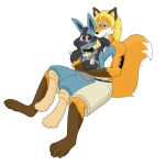  absurd_res akiru_cario anthro belt blonde_hair blue_body blue_eyes blue_fur bottomwear bow_tie brown_body brown_fur canid canine clothing digital_media_(artwork) duo eyewear feet fluffy footwear fox fur glasses grey_body grey_fur hair happy hi_res jcfox jewelry lucario male male/male mammal mr_fuwa necklace nintendo orange_body orange_fur paws pok&eacute;mon pok&eacute;mon_(species) red_eyes shorts simple_background size_difference smile socks spikes tattoo topwear vest video_games white_body white_fur 