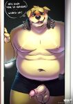  2022 absurd_res anthro balls blush bodily_fluids boxers_only breath canid canine canis dialogue domestic_dog doorway dripping english_text erection fur genital_fluids genitals headphones headphones_around_neck hi_res kamudragon looking_at_viewer male mammal moobs navel nipples overweight overweight_male panting penis penis_through_fly poking_out precum precum_drip shirtless signature solo tan_body tan_fur text yellow_body yellow_eyes yellow_fur 