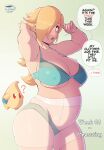  1girl 1other arms_up artist_name blonde_hair blue_bra blue_eyes blue_panties blush bra breasts coffeeslice collarbone covered_nipples cowboy_shot english_text from_side hair_over_one_eye highres large_breasts long_hair luma_(mario) mario_(series) navel open_mouth panties pregnant rosalina simple_background solo speech_bubble super_mario_galaxy underboob underwear 