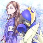  1girl alternate_color armband artist_name bisharp blue_eyes brown_hair highres lipstick long_hair makeup mole mole_above_mouth nogizaka46 pokemon pokemon_(creature) purple_shirt raikou safety_pin shiny_pokemon shirt standing tsutanai_edesuga 