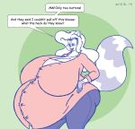  2019 anthro belly big_belly big_breasts blouse bottomwear breasts butt clothed clothing digital_media_(artwork) dress_shirt english_text female hi_res huge_breasts hyper hyper_belly hyper_breasts hyper_pregnancy mammal open_mouth pants pregnant pregnant_female procyonid raccoon rosalina_(satsumalord) satsumalord shirt sketch solo speech_bubble text topwear 