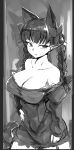  1girl :/ animal_ears braid breasts cat_ears cat_tail cleavage commentary_request cowboy_shot dress extra_ears greyscale kaenbyou_rin large_breasts mizuga monochrome multiple_tails nekomata off_shoulder pointy_ears solo tail touhou twin_braids twintails two_tails 