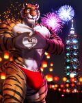  anthro bulge chinese_zodiac clothing dream_and_nightmare felid feline fireworks hi_res lunar_new_year male mammal nipples pantherine red_clothing red_underwear solo tiger underwear year_of_the_tiger 