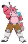  2020 anthro armor armpit_hair beard belt big_muscles black_nose body_hair bottomwear clothed clothing eyebrows facial_hair feet fur hair hi_res humanoid_feet humanoid_hands k_hunnicutt looking_at_viewer male mammal melee_weapon muscular muscular_anthro muscular_male mustache nipples pants pink_body pink_eyes pink_fur pink_hair pink_nipples rex_(furrybeefrex) simple_background solo standing sword thick_eyebrows topless ursid warrior weapon white_background 