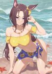  1girl air_groove_(umamusume) animal_ears ass beach bikini blue_eyes blue_sarong bracelet breasts brown_hair day highres horse_ears horse_girl horse_tail jewelry kneeling large_breasts leaf98k looking_at_viewer navel necklace ocean off-shoulder_shirt off_shoulder outdoors sand sarong shirt short_hair solo starfish swimsuit tail umamusume water waves yellow_bikini 