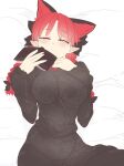  1girl animal_ears blush braid cat_ears extra_ears half-closed_eyes kaenbyou_rin long_hair lying mizuga on_back on_bed pink_eyes pointy_ears red_eyes solo touhou twin_braids twintails unfinished 