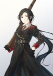  1girl black_hair girls&#039;_frontline gloves gun highres holding holding_gun holding_weapon jacket long_hair mik_bla military military_uniform mondragon_m1908_(girls&#039;_frontline) mondragon_rifle necktie red_eyes rifle solo twitter_username uniform weapon white_background 