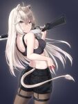  1girl absurdres animal_ears black_shorts crop_top from_behind gun highres holding holding_gun holding_weapon hololive lion_ears lion_girl lion_tail over_shoulder pantyhose shishiro_botan shorts solo tail virtual_youtuber weapon weapon_over_shoulder yeosi 