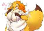  2022 4_fingers anthro belly big_breasts black_nose blush blush_lines breasts brown_body brown_fur brown_hands brown_tail_tip canid canine chest_tuft cleavage cleavage_overflow clothed clothing collared_shirt digital_drawing_(artwork) digital_media_(artwork) dress_shirt featureless_breasts female fingers fox full_cleavage fur hair holding_clothing holding_object holding_shirt holding_topwear huge_breasts humanoid_hands japanese_text kemono long_hair mammal navel open_clothing open_shirt open_topwear orange_hair overweight overweight_anthro overweight_female partially_clothed pukkunnnn shirt simple_background solo tan_body tan_fur text topwear tuft white_background white_clothing white_shirt white_topwear yellow_body yellow_fur yellow_tail 