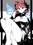  1girl :/ barefoot black_eyes braid extra_ears feet_out_of_frame greyscale highres kaenbyou_rin knees_up long_hair mizuga monochrome pointy_ears red_eyes red_hair sitting solo spot_color touhou twin_braids twintails 
