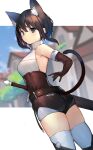  1girl absurdres animal_ear_fluff animal_ears bangs belt black_eyes black_hair cat_ears cat_tail dutch_angle elbow_gloves extra_ears eyebrows_visible_through_hair gloves highres looking_at_viewer looking_back original ryou_(ponpgo) short_hair shorts solo sword tail thighhighs weapon 