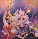  1boy 1girl aoiabyss arataki_itto arm_up artist_name blonde_hair breasts carrying choker dango facial_mark fireworks food food_in_mouth genshin_impact hand_up highres horns jacket japanese_clothes kimono looking_at_viewer night night_sky oni_horns princess_carry red_eyes sarashi sky smile sparkler teeth tied_hair wagashi white_hair wristband yoimiya_(genshin_impact) 