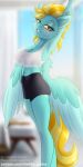  animal_humanoid anthro big_breasts blue_body blue_feathers blush breasts clothed clothing digital_media_(artwork) equid equid_humanoid equine equine_humanoid feathered_wings feathers female friendship_is_magic fur hair hasbro horse humanoid lightning_dust_(mlp) looking_at_viewer mammal mammal_humanoid multicolored_hair my_little_pony navel patreon pegasus pony shad0w-galaxy solo stretching wings 