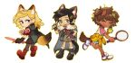  3girls amphibia animal_ears anne_boonchuy armor bag ball black_cape black_footwear black_fur black_gloves black_hair black_skirt blonde_hair book boots breastplate brown_fur brown_hair cape cat_ears cat_girl cat_tail chibi closed_eyes closed_mouth dark-skinned_female dark_skin dog_ears dog_girl dog_tail fingerless_gloves fox_ears fox_girl fox_tail gloves hair_ornament hairclip holding holding_ball holding_book holding_pen holding_racket holding_sword holding_weapon jocy3 leaf leaf_on_head looking_back marcy_wu monster_girl multiple_girls open_mouth pen ponytail racket red_armor red_footwear sasha_waybright shirt shoes short_hair shorts skirt smile sword tail tennis_ball tennis_racket weapon white_shirt yellow_fur 