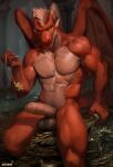  2022 anthro balls chunie digital_media_(artwork) dragon erection foreskin genitals hi_res humanoid_genitalia humanoid_penis looking_at_viewer male muscular muscular_male partially_retracted_foreskin penis red_body red_scales scales solo wings 