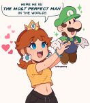  1boy 1girl :d blue_eyes blush bracelet breasts brown_hair cremanata english_text facial_hair gloves green_headwear happy hat heart highres holding_person jewelry luigi mario_(series) midriff mustache navel open_mouth overalls princess_daisy shirt smile speech_bubble white_gloves yellow_shirt 