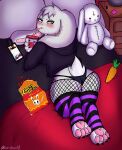  absurd_res anthro bed black_claws blush bottomwear butt canid canine canis claws clothed clothing colored detailed_background digital_media_(artwork) female fishnet fishnet_legwear footwear fur furniture goth grey_body hair hi_res lagomorph legwear leporid looking_at_viewer mammal pose shaded short_tail socks solo stockings underwear white_body white_fur wolf 