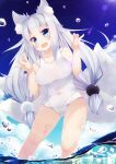  1girl animal_ear_fluff animal_ears aqua_eyes bangs blue_sky blush breasts cloud cloudy_sky collarbone covered_navel double_fox_shadow_puppet eyebrows_visible_through_hair fang fox_ears fox_girl fox_shadow_puppet fox_tail from_below hair_over_shoulder hands_up japanese_clothes kitsune large_breasts lens_flare long_hair looking_at_viewer low-tied_long_hair multiple_tails old_school_swimsuit one-piece_swimsuit open_mouth original outdoors school_swimsuit skin_fang sky solo swimsuit tail torii_(kedamatori) very_long_hair wading water wet white_hair white_swimsuit 