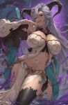  1girl akita_hika bangs black_horns blush breasts dark-skinned_female dark_skin dragon_horns fangs fediel_(granblue_fantasy) granblue_fantasy highres horns large_breasts long_hair purple_eyes silver_hair thighs 