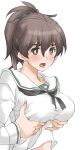  1girl bangs black_neckerchief blouse blush breasts bright_pupils brown_eyes brown_hair commentary elf_(stroll_in_the_woods) frown girls_und_panzer grabbing_own_breast hair_ribbon highres koyama_yuzu large_breasts long_sleeves looking_at_viewer medium_hair neckerchief ooarai_school_uniform open_mouth ribbon sailor_collar school_uniform serafuku short_ponytail simple_background solo textless upper_body white_background white_blouse white_pupils white_sailor_collar 